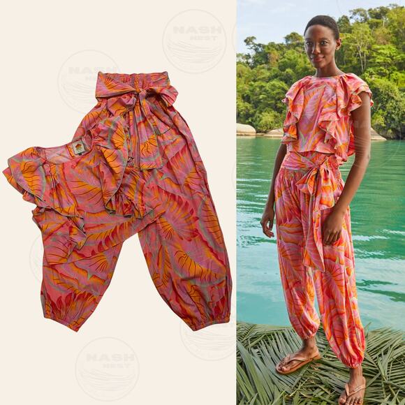 Farm Rio Bright Forest Set | Tropical Ruffle L Top, Smocked M Pants Resort Wear - Picture 1 of 10